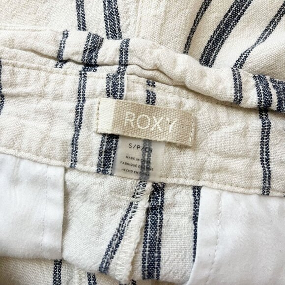 Roxy Cream & Blue Striped Linen Shorts High Rise Beach Casual Boho Size Small - Picture 3 of 7